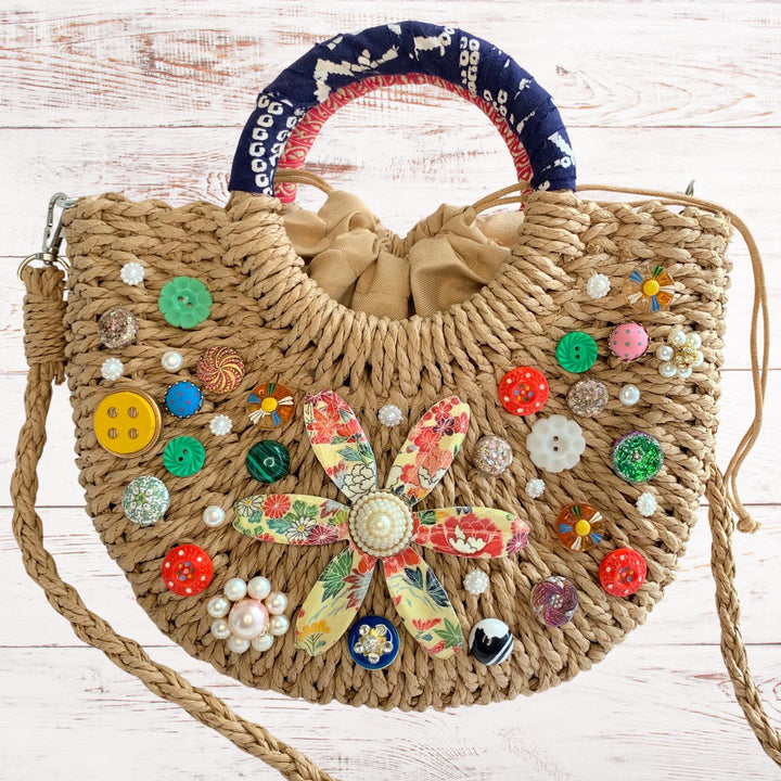 Cute As A Button Woven Straw Handbag - One-of-a-Kind