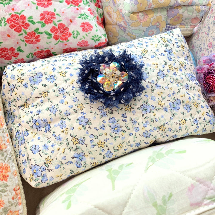 Blue Floral Quilted Makeup Bag, Makeup Organizer, Gifts for Mom, Bridesmaid Gifts - One-of-a-Kind
