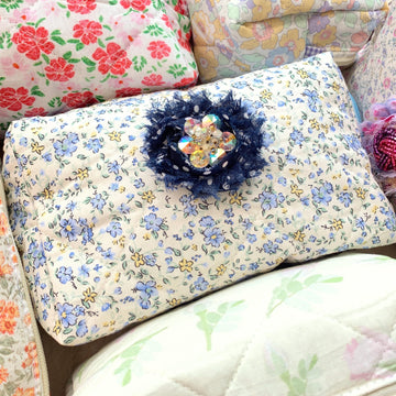 Blue Floral Quilted Makeup Bag, Makeup Organizer, Gifts for Mom, Bridesmaid Gifts - One-of-a-Kind
