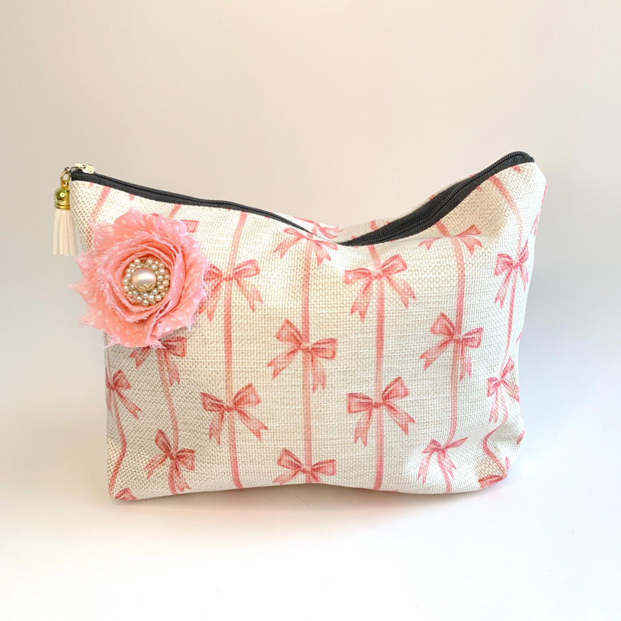 Pink Bows Makeup Bag, Zipper Cosmetic Pouch, Canvas Makeup Organizer - One-of-a-Kind