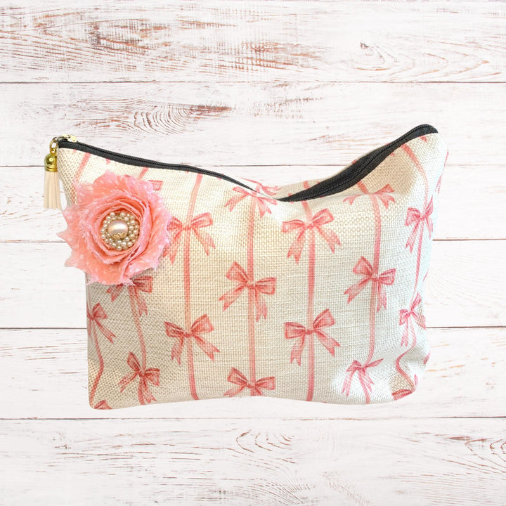Pink Bows Makeup Bag, Zipper Cosmetic Pouch, Canvas Makeup Organizer - One-of-a-Kind