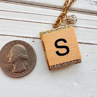 Wood Game Piece Initial Locket Necklace - Choice of Initial