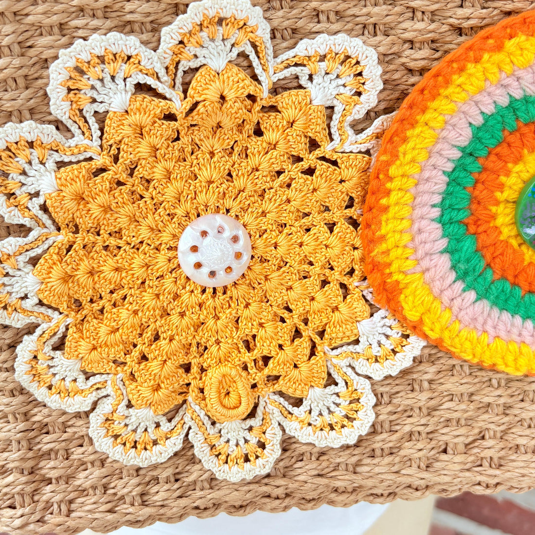 Sunburst Crochet Flower Raffia Tote Bag - One-of-a-Kind