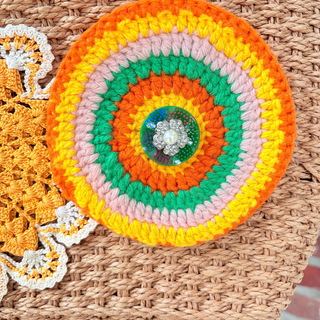 Sunburst Crochet Flower Raffia Tote Bag - One-of-a-Kind