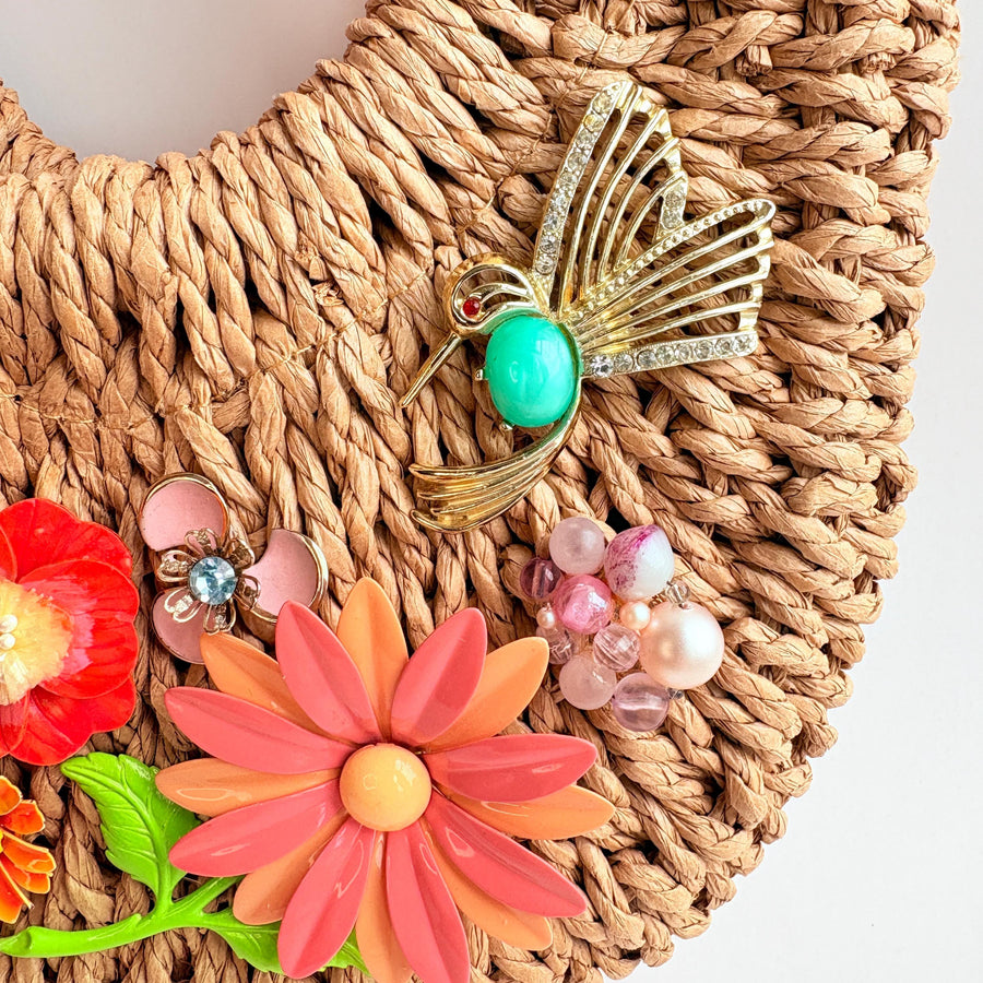 Hummingbird Top Handle Woven Straw Handbag - One-of-a-Kind