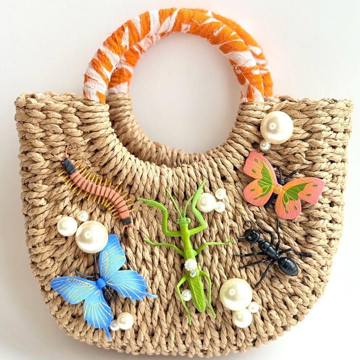 Garden Bugs Woven Straw Handbag - One-of-a-Kind