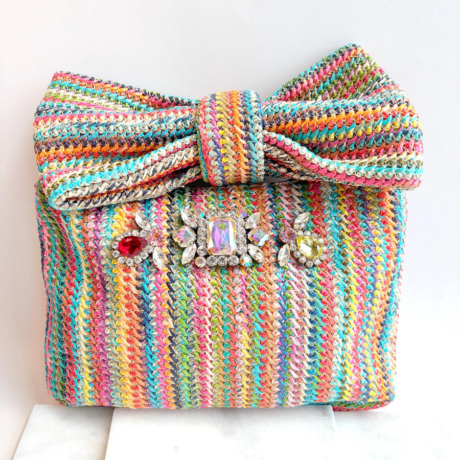 Rhinestone Straw Bow Clutch Purse - One-of-a-Kind