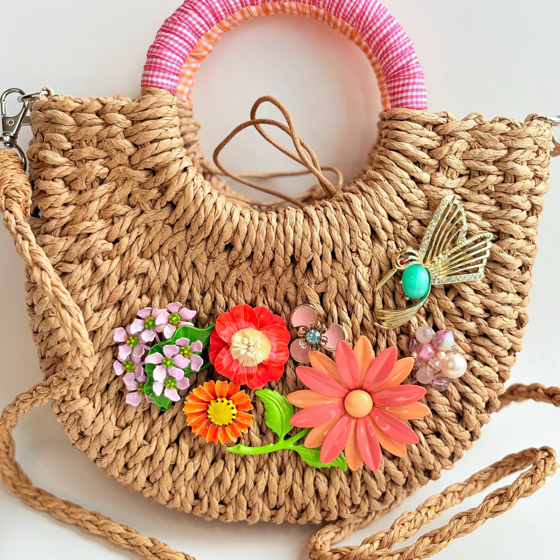 Hummingbird Top Handle Woven Straw Handbag - One-of-a-Kind