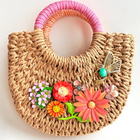 Hummingbird Top Handle Woven Straw Handbag - One-of-a-Kind