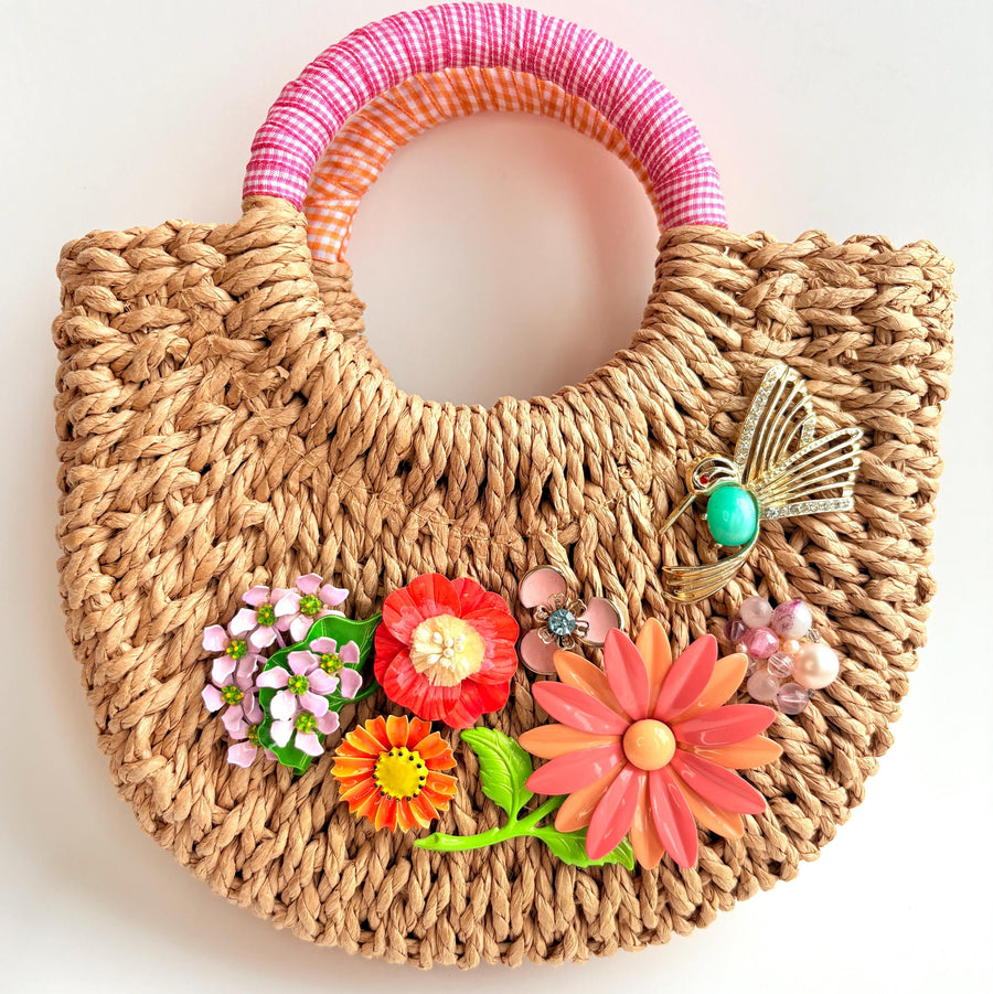 Hummingbird Top Handle Woven Straw Handbag - One-of-a-Kind