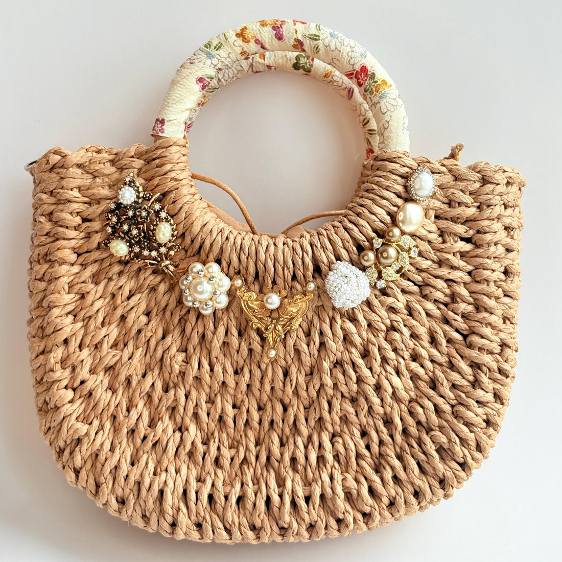 Kimono Wrapped Top Handle Straw Handbag - One-of-a-Kind