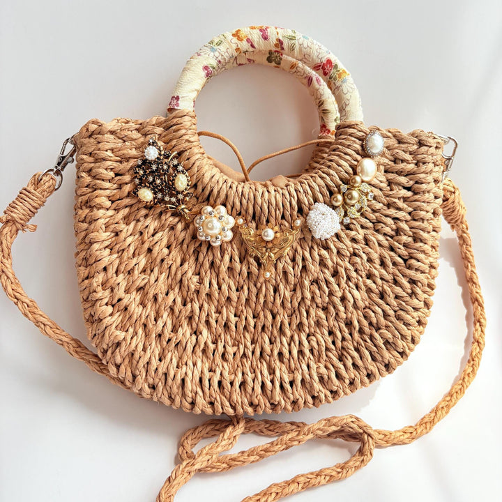 Kimono Wrapped Top Handle Straw Handbag - One-of-a-Kind