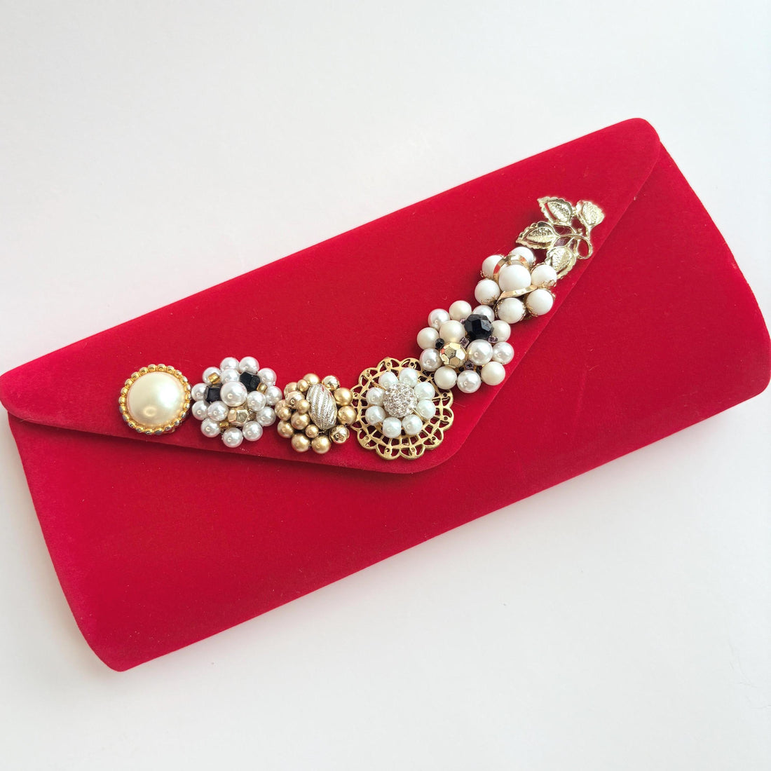 Lenora Dame Red Velvet Clutch Purse with Vintage Details - One-of-a-Kind