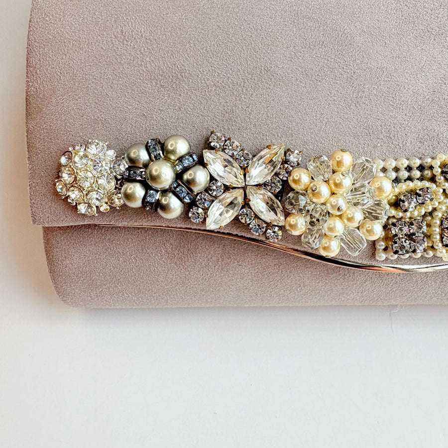 Lenora Dame Cloud Gray Faux Suede Clutch Purse with Vintage Details - One-of-a-Kind