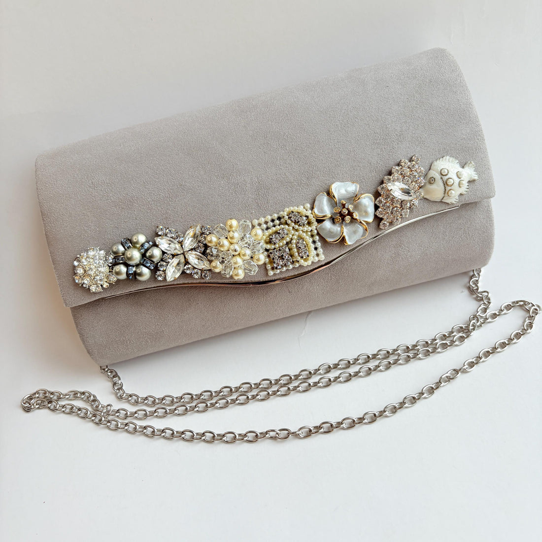 Lenora Dame Cloud Gray Faux Suede Clutch Purse with Vintage Details - One-of-a-Kind