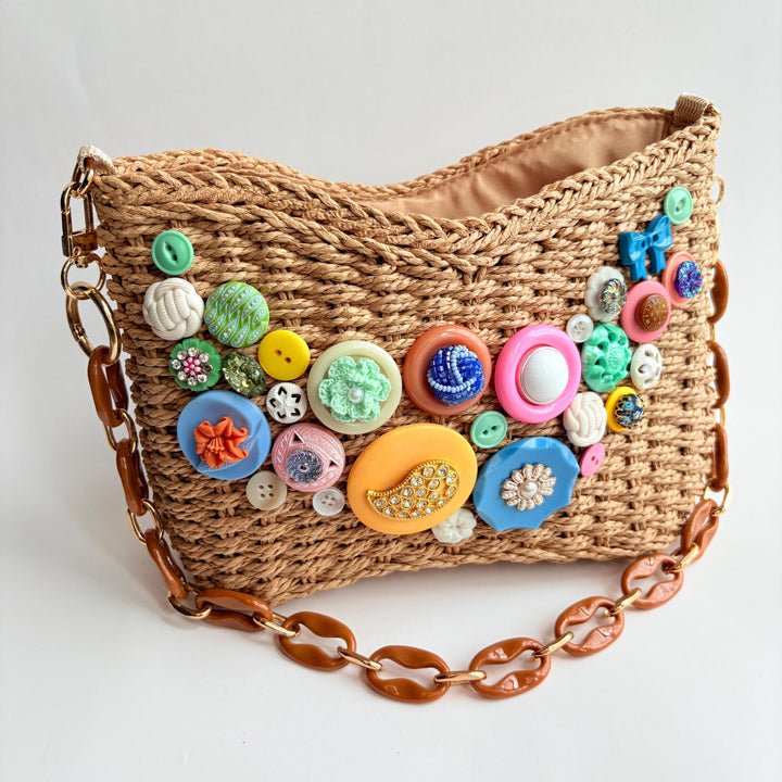 Lenora Dame Buttons and Bows Woven Shoulder Bag with Chain Strap - One-of-a-Kind