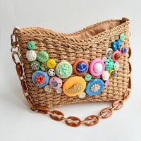 Lenora Dame Buttons and Bows Woven Shoulder Bag with Chain Strap - One-of-a-Kind