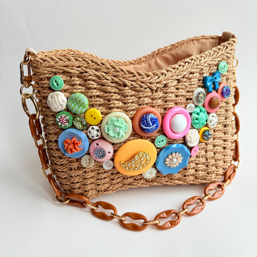 Lenora Dame Buttons and Bows Woven Shoulder Bag with Chain Strap - One-of-a-Kind