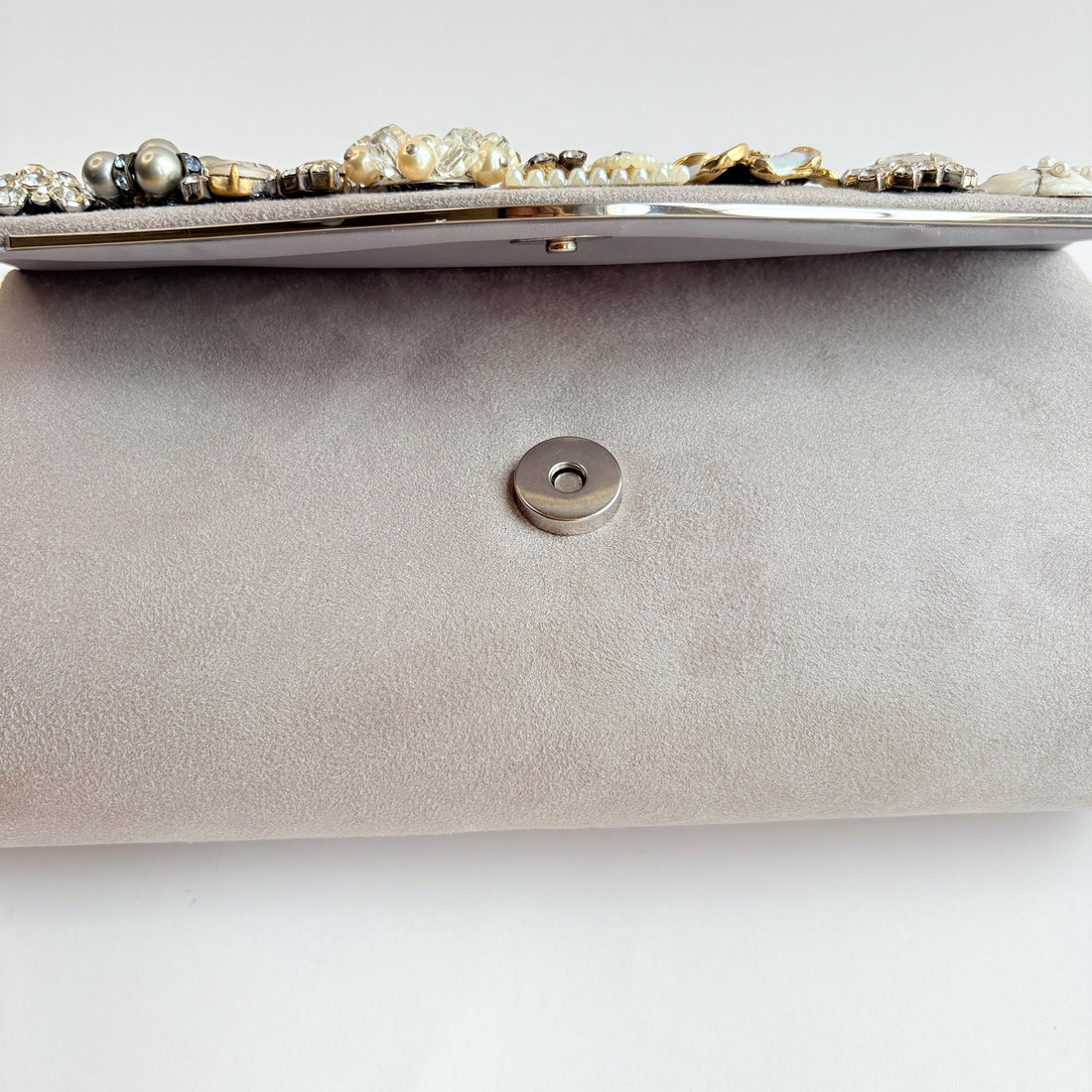 Lenora Dame Cloud Gray Faux Suede Clutch Purse with Vintage Details - One-of-a-Kind