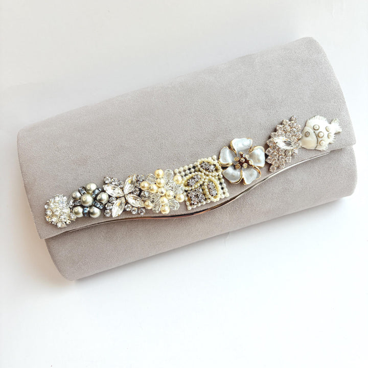 Lenora Dame Cloud Gray Faux Suede Clutch Purse with Vintage Details - One-of-a-Kind