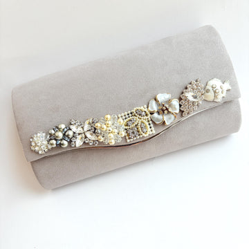 Lenora Dame Cloud Gray Faux Suede Clutch Purse with Vintage Details - One-of-a-Kind