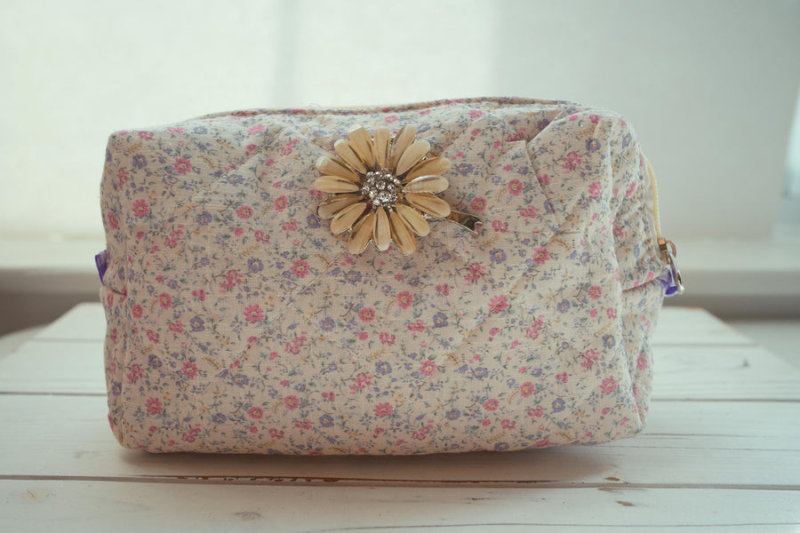 Lenora Dame One-of-a-Kind Stylized Daisy Quilted Cosmetic / Makeup bag