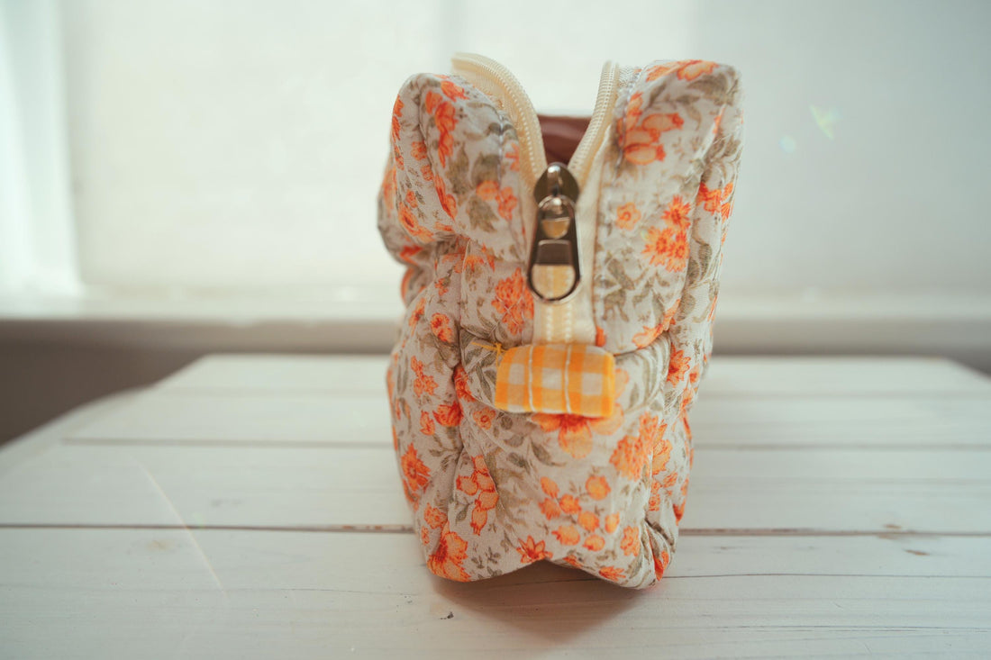 Lenora Dame One-of-a-Kind Orange Floral Quilted Cosmetic / Makeup bag