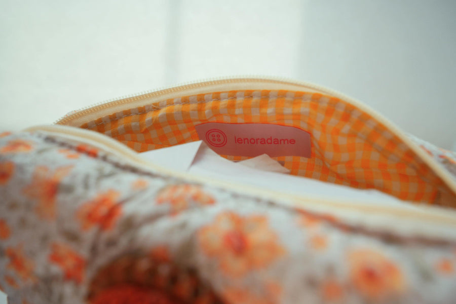 Lenora Dame One-of-a-Kind Orange Floral Quilted Cosmetic / Makeup bag