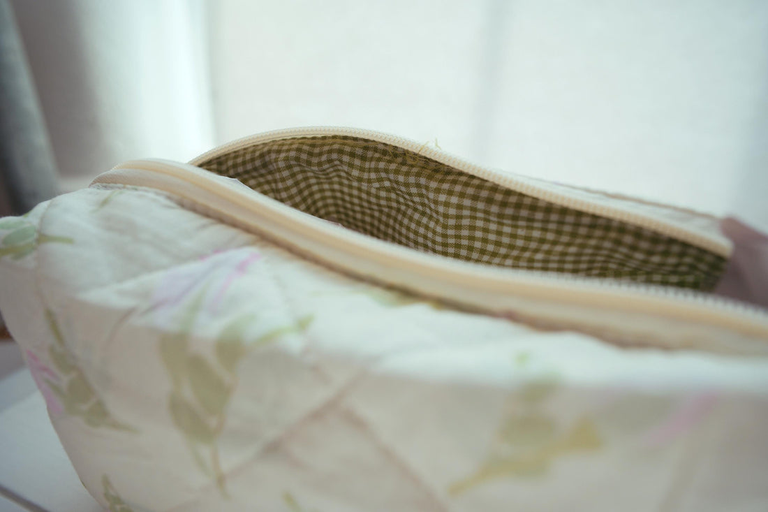 Lenora Dame One-of-a-Kind floral and leaf print Quilted Cosmetic / Makeup bag