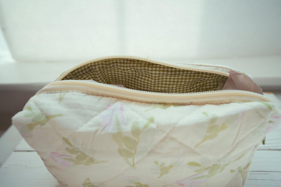 Lenora Dame One-of-a-Kind floral and leaf print Quilted Cosmetic / Makeup bag