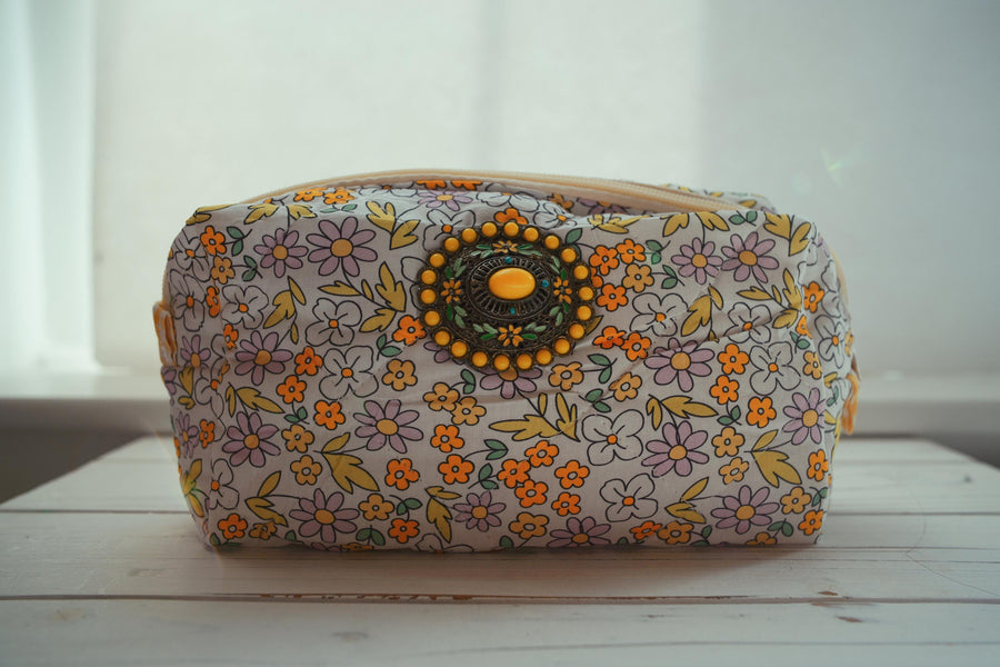 Lenora Dame One-of-a-Kind Lilac Daisy Quilted Cosmetic / Makeup bag