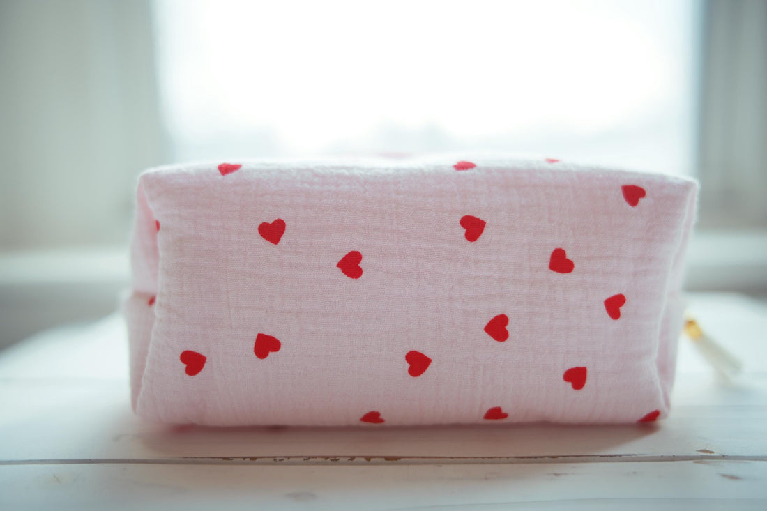 Lenora Dame One-of-a-Kind Quilted Heart Print Cosmetic / Makeup bag
