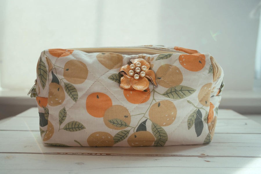 Lenora Dame One-of-a-Kind Orange Quilted Cosmetic / Makeup bag