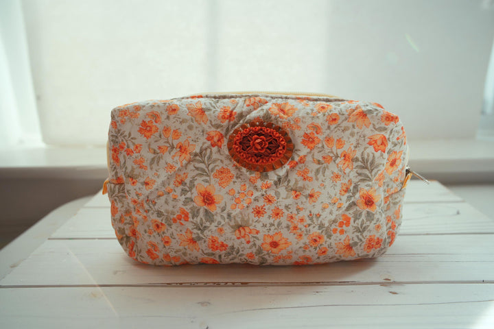 Lenora Dame One-of-a-Kind Orange Floral Quilted Cosmetic / Makeup bag