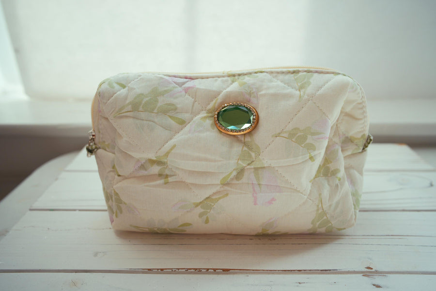 Lenora Dame One-of-a-Kind floral and leaf print Quilted Cosmetic / Makeup bag