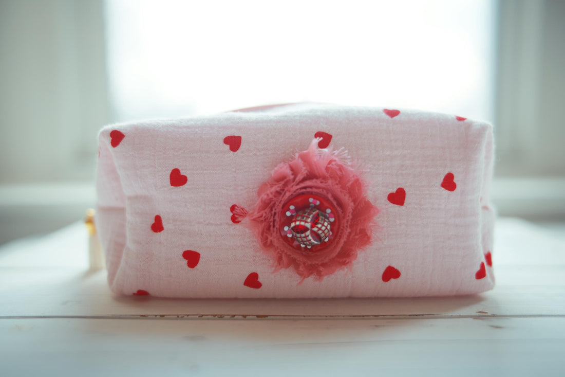 Lenora Dame One-of-a-Kind Quilted Heart Print Cosmetic / Makeup bag