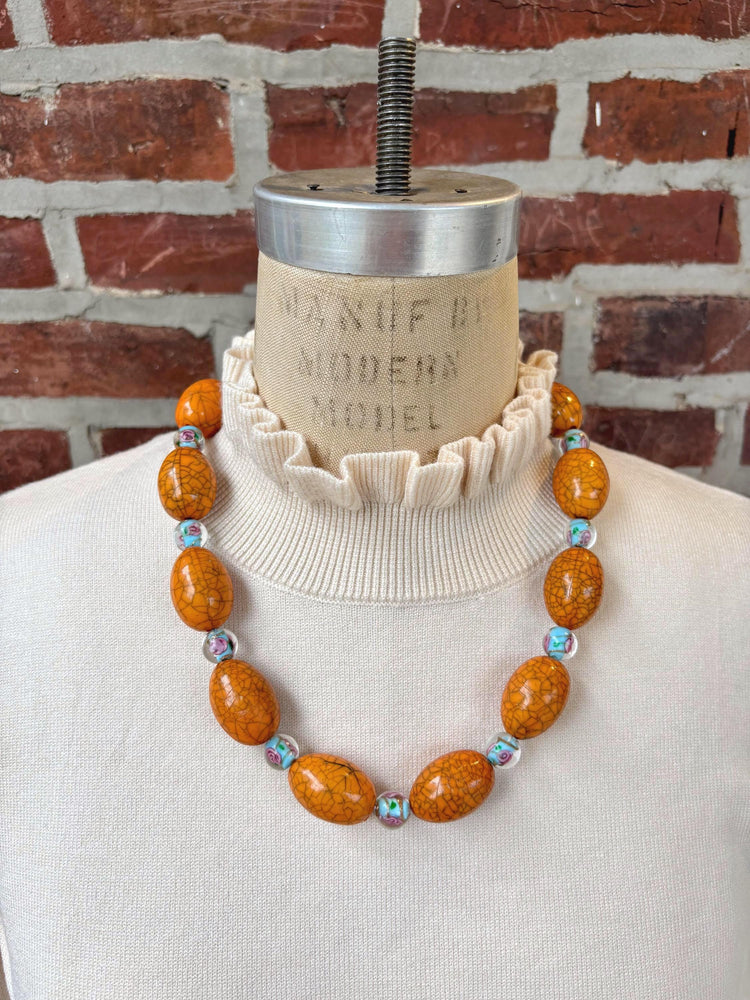 Lenora Dame Oversized Beaded Necklace - Papaya and Soft Cyan