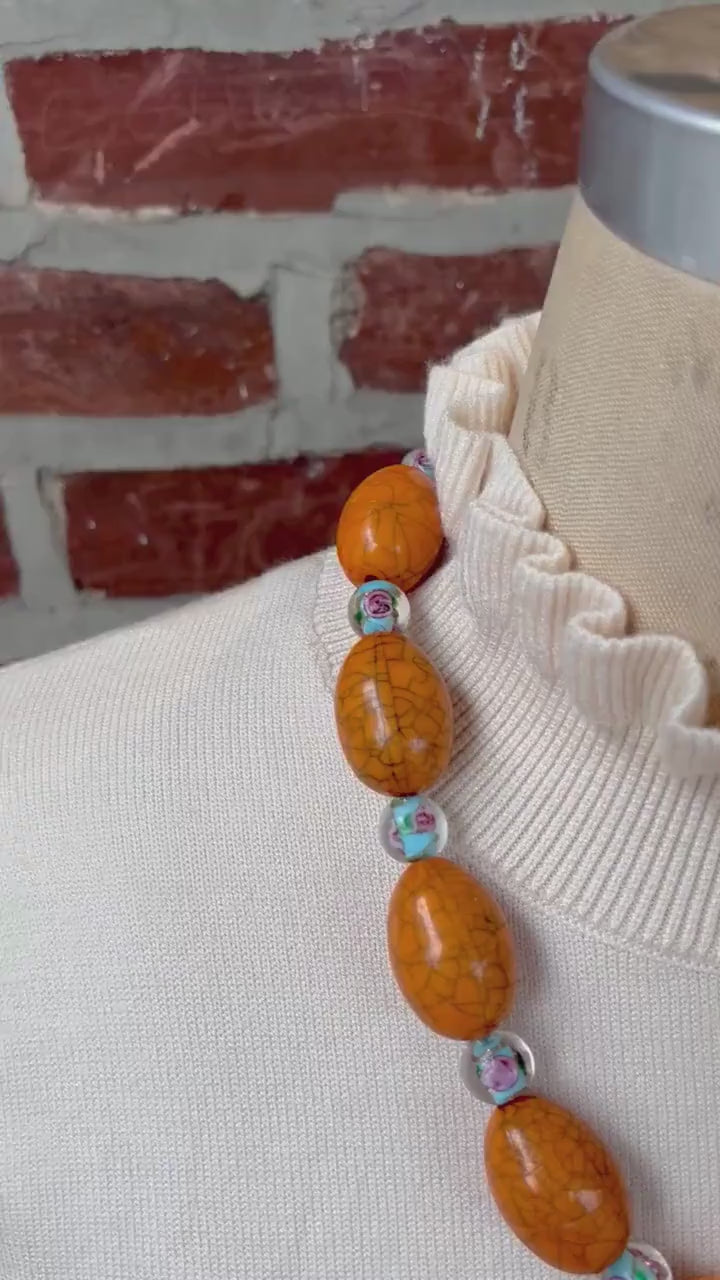Lenora Dame Oversized Beaded Necklace - Papaya and Soft Cyan