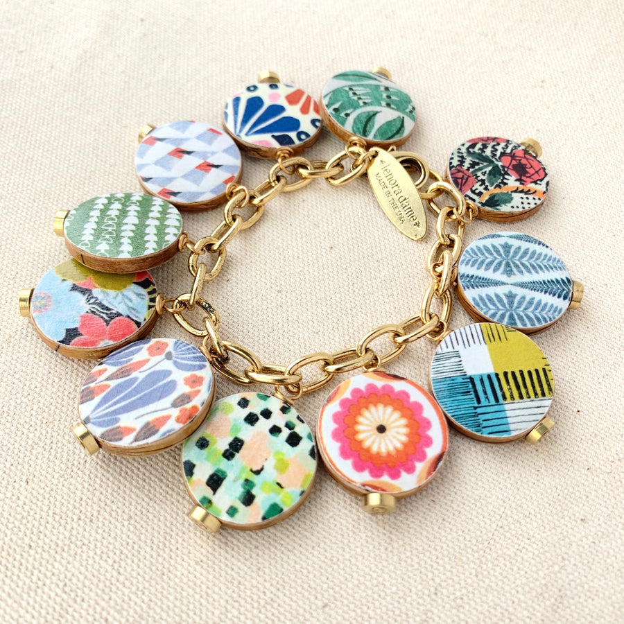 Folk Art Wooden Discus Charm Bracelet