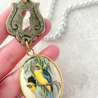 Vintage Bird Art and Keyhole Pendant Pearl Necklace