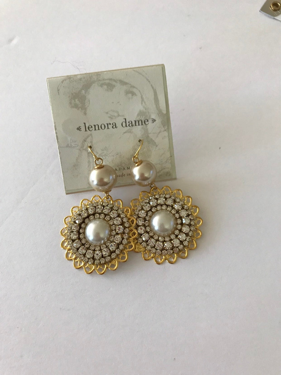 Lenora Dame Fluted Filigree Pearl + Rhinestone Statement Earrings
