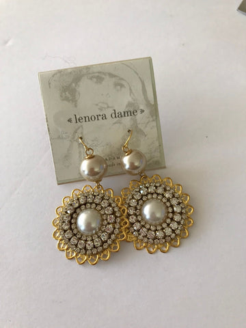 Lenora Dame Fluted Filigree Pearl + Rhinestone Statement Earrings