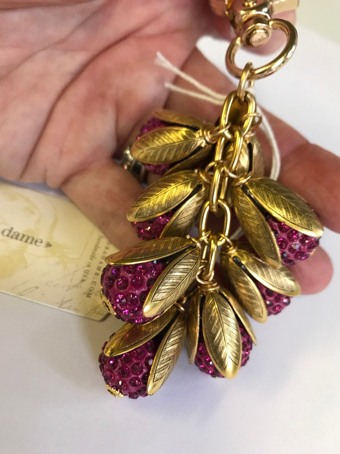 Lenora Dame Fuchsia Rhinestone Bead Cap Purse Charm - Keychain