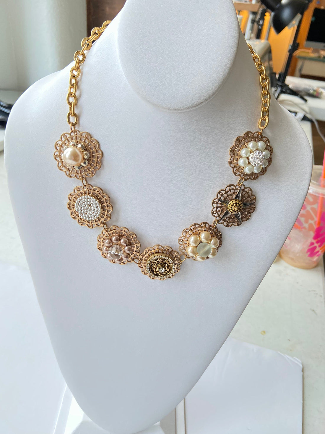 Lenora Dame Crystal and Pearl Bib Necklace