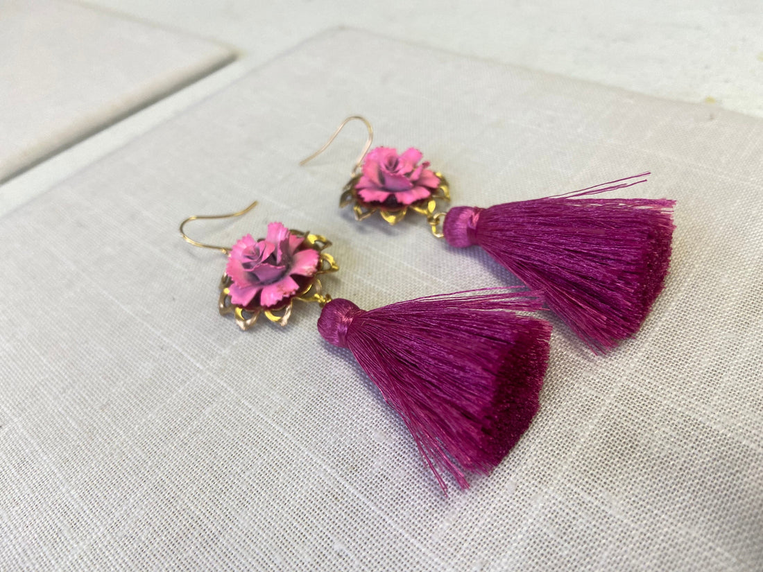 Lenora Dame Pink Rose Tassel Earrings