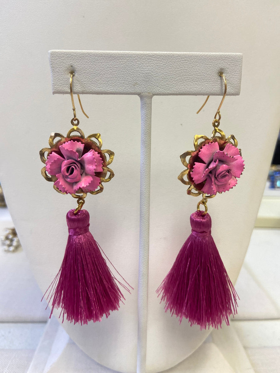 Lenora Dame Pink Rose Tassel Earrings