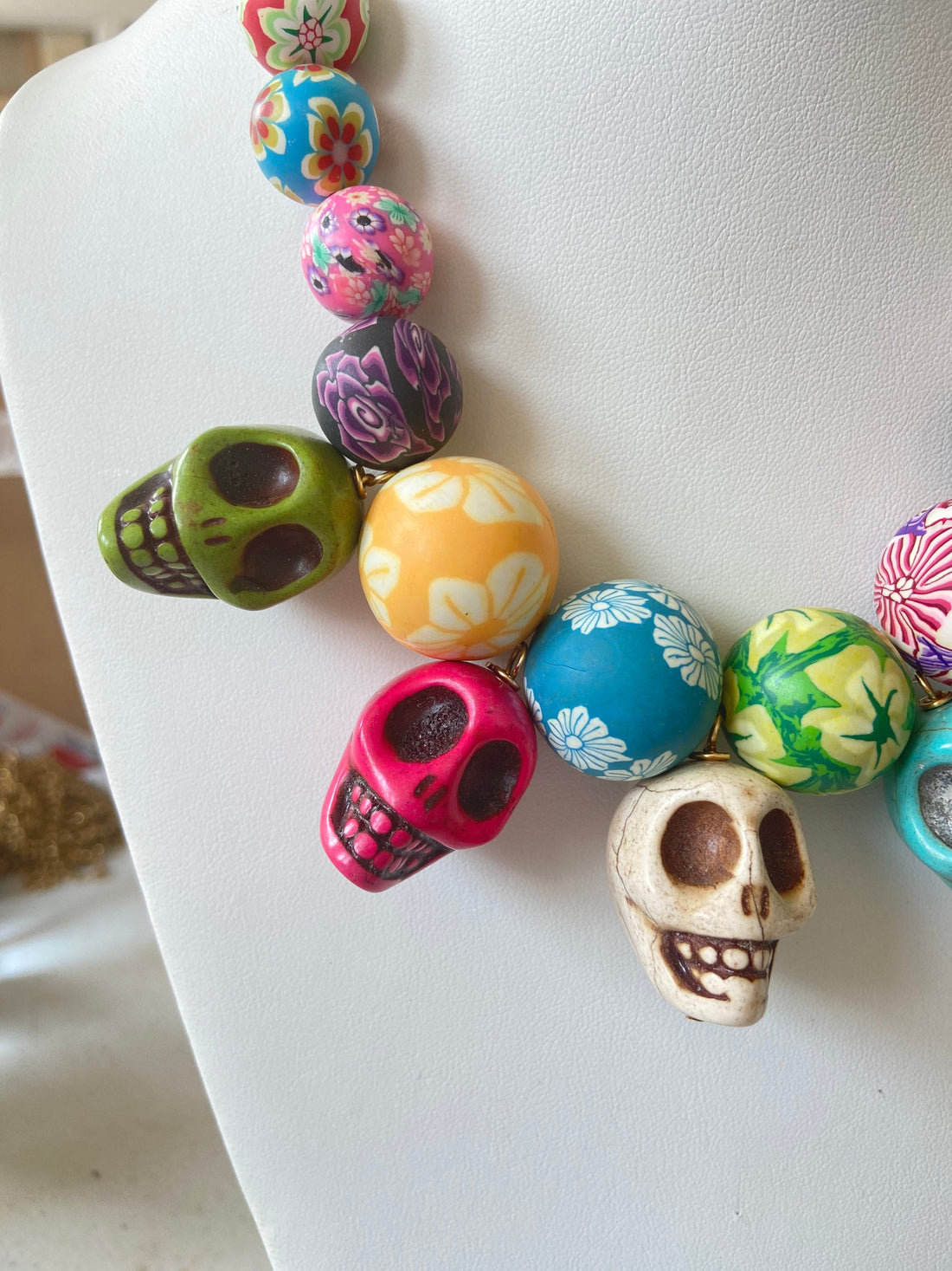 Lenora Dame Sugar Skull Beaded Statement Necklace - One of a Kind