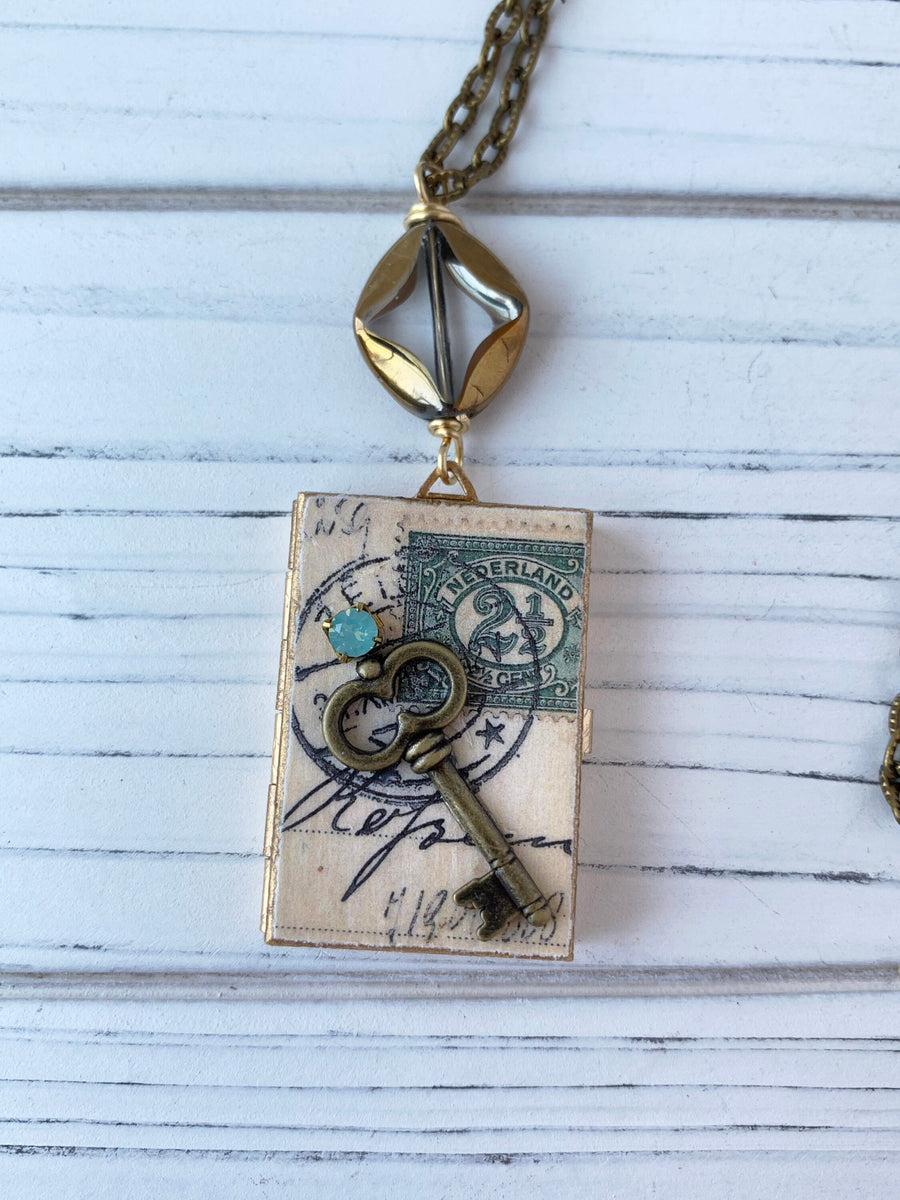 Lenora Dame Vintage Postmark Book Locket Necklace