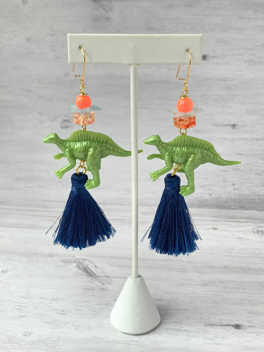 Lenora Dame Olive Spinosaurus Tassel Dinosaur Earrings