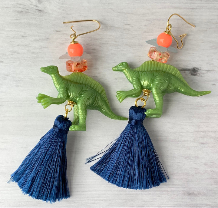 Lenora Dame Olive Spinosaurus Tassel Dinosaur Earrings